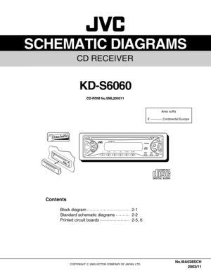 Page 30SCHEMATIC DIAGRAMS
CD RECEIVER
No.MA028SCH
2003/11COPYRIGHT      2003 VICTOR COMPANY OF JAPAN, LTD.
KD-S6060
                Area suffix
E ----------- Continental Europe
COMPACT
DIGITAL AUDIO
SEL LOUD
DISPSSM
SCM MODE 7 9 10 12RND11RPT8MOAM
CD
FM
Contents
Block diagram
Standard schematic diagrams
Printed circuit boards2-1
2-2
2-5, 6
CD-ROM No.SML200311 