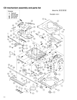 Page 433-4
CD mechanism assembly and parts list
Grease 
TNG-87
GP-501MK
CFD-005Z
GP-501ABlock No.M
M M
B
A
A
C
C
D
D
B
aa
B
TN-2001-1011
111
2
111
37
27
32
23
13
15
99
28
98
8312
86
121
16
17
124
4
125
1
111
3
3
71
111
93
111
91
92113
88
8982
87
20
18
115
9032
30
38114
11
85
25
73111
33
3474
72
3526
31
22
36
11629
11219
61
24
11262
21
3876
95
96
14
97
100
123
81
94
77757473
84
94
101
100
12293
75
83 