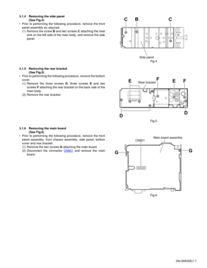 Page 7(No.MA028)1-7 3.1.4 Removing the side panel 
(See Fig.4)
• Prior to performing the following procedure, remove the front
panel assembly as required.
(1) Remove the screw B and two screws C attaching the heat
sink on the left side of the main body, and remove the side
panel.
Fig.4
3.1.5 Removing the rear bracket 
(See Fig.5)
• Prior to performing the following procedure, remove the bottom
cover.
(1) Remove the three screws D, three screws E and two
screws F attaching the rear bracket on the back side of...