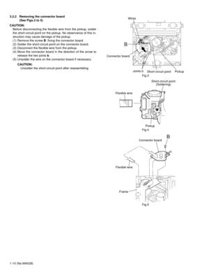 Page 101-10 (No.MA028) 3.2.2 Removing the connector board 
(See Figs.3 to 5)
CAUTION:
Before disconnecting the flexible wire from the pickup, solder
the short-circuit point on the pickup. No observance of this in-
struction may cause damage of the pickup.
(1) Remove the screw B  fixing the connector board.
(2) Solder the short-circuit point on the connector board.
(3) Disconnect the flexible wire from the pickup.
(4) Move the connector board in the direction of the arrow to
release the two joints b.
(5)...