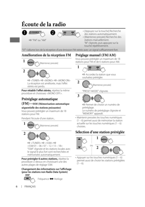 Page 206FRANÇAIS
Amélioration de la réception FM
1
2
]  ]  ] La réception est améliorée, mais l’effet 
stéréo est perdu.
Pour rétablir l’effet stéréo, répétez la même 
procédure et choisissez .
Préréglage automatique 
(FM)—
SSM (Mémorisation automatique 
séquentielle des stations puissantes)
Vous pouvez prérégler un maximum de 18 
stations pour FM.
Pendant l’écoute d’une station...
1
2
]  ]  ] 

“SSM” clignote et les stations locales avec 
le signal le plus fort sont recherchées et 
mémorisées automatiquement....