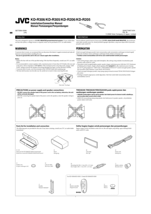 Page 1011
KD-R306/KD-R305/KD-R206/KD-R205
Installation/Connection Manual
Manual Pemasangan/Penyambungan
GET0564-009A
[UN]
J
Handles
Pegangan-pegangan F
Washer (ø5)
Perapat sambungan (ø5)G
Lock nut (M5)
Mur kunci (M5)H
Mounting bolt (M4 × 5 mm; M5 × 12.5 mm)
Baut bingkai (M4 × 5 mm; M5 × 12.5 mm) A / B
Hard case (for KD-R306/KD-R305)/Control panelKotak keras (untuk KD-R306/KD-R305)/Panel kontrolC
Sleeve
SelongsongD
Trim plate
Plat rapiE
Power cord
Kabel power
 ENGLISH
This unit is designed to operate on 12 V DC,...