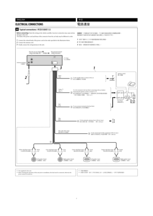 Page 1233
A  Typical connections / JèY
ŸÞÙ,
Before connecting: Check the wiring in the vehicle carefully. Incorrect connection may cause serious 
damage to this unit.
The leads of the power cord and those of the connector from the car body may be different in color.
1  Connect the colored leads of the power cord in the order specified in the illustration below.
2  Connect the antenna cord.
3  Finally connect the wiring harness to the unit.
 ENGLISH
ELECTRICAL CONNECTIONS
*1 Not supplied for this unit.*2...