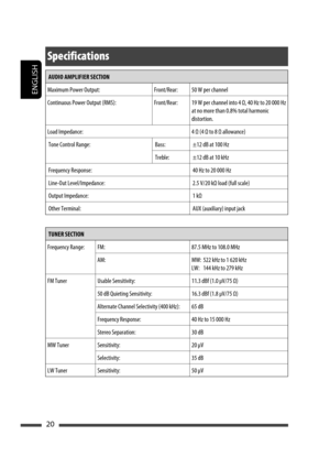 Page 20ENGLISH
20
AUDIO AMPLIFIER SECTION
Maximum Power Output: Front/Rear: 50 W per channel
Continuous Power Output (RMS): Front/Rear: 19 W per channel into 4 Ω, 40 Hz to 20 000 Hz 
at no more than 0.8% total harmonic 
distortion.
Load Impedance: 4 Ω (4 Ω to 8 Ω allowance)
Tone Control Range: Bass: ±12 dB at 100 Hz
Treble: ±12 dB at 10 kHz
Frequency Response: 40 Hz to 20 000 Hz
Line-Out Level/Impedance: 2.5 V/20 kΩ load (full scale)
Output Impedance: 1 kΩ
Other Terminal: AUX (auxiliary) input jack
TUNER...