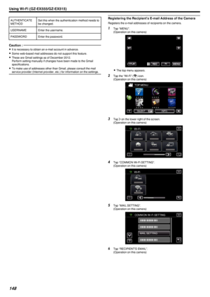 Page 148AUTHENTICATE
METHODSet this when the authentication method needs to
be changed.USERNAMEEnter the username.PASSWORDEnter the password.Caution : 
0 It is necessary to obtain an e-mail account in advance.
0 Some web-based mail addresses do not support this feature.
0 These are Gmail settings as of December 2012.
Perform setting manually if changes have been made to the Gmail
specifications.
0 To make use of addresses other than Gmail, please consult the mail
service provider (Internet provider, etc.) for...