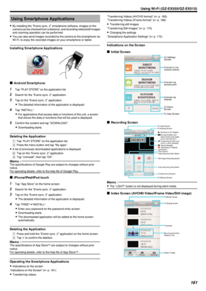 Page 161Using Smartphone Applications
0 By installing the “Everio sync. 2” smartphone software, images on the
camera can be checked from a distance, and recording videos/still images
and zooming operation can be performed.
0 You can also send images recorded by the camera to the smartphone via
Wi-Fi, to enjoy the recorded images on your smartphone or tablet.
Installing Smartphone Applications
.
o Android Smartphone
1
Tap “PLAY STORE” on the application list.
2 Search for the “Everio sync. 2” application.
3 Tap...