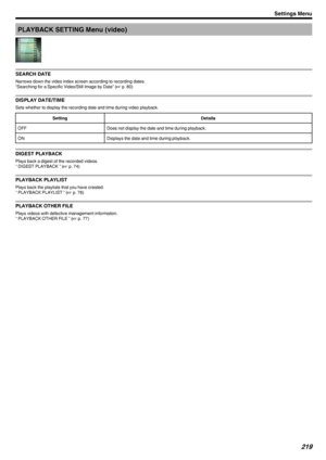 Page 219PLAYBACK SETTING Menu (video)
.
SEARCH DATE
Narrows down the video index screen according to recording dates.
“Searching for a Specific Video/Still Image by Date” ( A p. 80)
DISPLAY DATE/TIME
Sets whether to display the recording date and time during video playback.
SettingDetailsOFFDoes not display the date and time during playback.ONDisplays the date and time during playback.
DIGEST PLAYBACK
Plays back a digest of the recorded videos.
“ DIGEST PLAYBACK ” ( A p. 74)
PLAYBACK PLAYLIST
Plays back the...