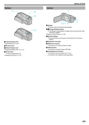 Page 229Bottom.A Tripod Mounting Hole
“Tripod Mounting” ( A p. 24)
B  SD Card Cover
C  Battery Release Lever
“Charging the Battery Pack” ( A p. 14)
D  SD Card Slot
0 Insert an optional SD card.
“Inserting an SD Card” ( A p. 16)Interior
.A Speaker
0 Outputs audio sound during video playback.
B  a  (Image Stabilizer) Button
0 The setting of image stabilizer changes with every press while video
recording is stopped.
“Reducing Camera Shake” ( A p. 55)
C  M  (Power) Button
0 Press and hold to turn the power on/off...