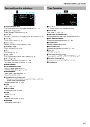 Page 231Common Recording Indications.A TOUCH PRIORITY AE/AF
“Capturing Subjects Clearly (TOUCH PRIORITY AE/AF)” ( A p. 47)
B  Backlight Compensation
“Setting Backlight Compensation” ( A p. 38)
C  Auto REC
“Recording Automatically by Sensing Movements (AUTO REC)” ( A p. 60)
D  Tele Macro
“Taking Close-up Shots” ( A p. 40)
E  Scene Select
“Shooting According to Scene (Subject)” ( A p. 35)
F  WHITE BALANCE
“Setting White Balance” ( A p. 39)
G  Time
“Clock Setting” ( A p. 21)
H  SMILE SHOT
“Capturing Smiles...