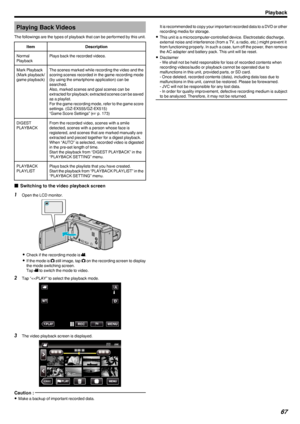 Page 67Playing Back Videos
The followings are the types of playback that can be performed by this unit.ItemDescriptionNormal
PlaybackPlays back the recorded videos.Mark Playback
(Mark playback/
game playback)The scenes marked while recording the video and the
scoring scenes recorded in the game recording mode (by using the smartphone application) can besearched.
Also, marked scenes and goal scenes can be extracted for playback; extracted scenes can be saved
as a playlist.
For the game recording mode, refer to...