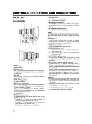 Page 1410
CONTROLS, INDICATORS AND CONNECTORS
ZOOM Lens
Th16 x 5.5BRMU
1FOCUS ring
Manual focus ring.
2ZOOM lever/ring
This is the manual zoom ring equipped with a zoom lever.
To adjust the zoom manually, turn the zoom mode knob b
to position “M”.
3IRIS ring
Manual iris ring. To activate the auto iris feature, set the Iris
Mode switch 7 to “A”.
4[VTR] VTR trigger button
To start/stop shooting.
5[RET] Return video button
You can only monitor the return video signal from the VTR
from the viewfinder, LCD monitor...