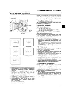 Page 4743
PREPARATIONS FOR OPERATION
White Balance Adjustment
CAUTION
• Do not adjust using any highly reflective objects, such as
metal, etc., as this may result in improper white balance
adjustment.
• The FAW (Full Auto White balance) function cannot pro-
vide optimum white balance with a subject outside the
FAW adjustment range, for example when it contains only
a single color or not enough white color.
• The accuracy of the FAW (Full Auto White balance) is
inferior to that of the Auto white balance.
• When...