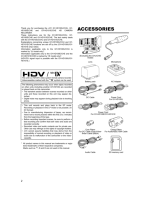 Page 62
Thank you for purchasing the JVC GY-HD100U/CHU, GY-
HD100E/CHE and GY-HD101E/CHE HD CAMERA
RECORDER.
These instructions are for the GY-HD100U/CHU, GY-
HD100E/CHE and GY-HD101E/CHE. The text mainly deals
with the GY-HD100U/CHU and GY-HD101E/CHE.
Explanations concerning unique GY-HD100U/CHU and GY-
HD101E/CHE functions are set off by the (GY-HD100U/GY-
HD101E only) notice.
Information applicable only to the GY-HD100U/CHU is
marked by “(U model only)”.
Information applicable only to the GY-HD100E/CHE and...