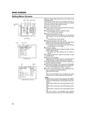 Page 6460
MENU SCREENS
Setting Menu Screens
Make the settings while observing the LCD monitor or the
viewfinder screen.
If the OUTPUT CHAR. item on the OTHERS [1/2] screen is
set to ON, the menu screen can also be viewed on a monitor
connected to the video signal output connector.
1.Set the POWER switch to ON.
2.Set the mode of the GY-HD100 with the CAM/VTR button.
(Camera mode or VTR mode)
3.Press the STATUS button for 1 second or longer.
• The TOP MENU screen appears.
4.Select the menu screen to be set....