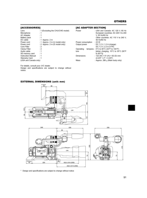 Page 9591
OTHERS
[ACCESSORIES]
For details, consult your JVC dealer.
Design and specifications are subject to change without
notice.
[AC ADAPTER SECTION]
EXTERNAL DIMENSIONS
* Design and specifications are subject to change without notice Lens : 1 (Excluding the CHU/CHE model)
Microphone : 1
AC Adapter : 1
Battery pack : 1
DC cable : 1  Approx. 2 m 
Power cord : 1  Approx. 2 m (U model only)
Power cord : 2  Approx. 2 m (E model only)
Core Filter : 2
Clamp Filter : 2
Audio cable : 1
SD memory card : 1...