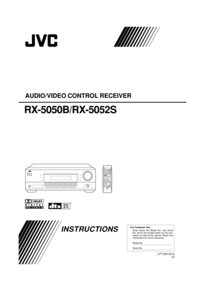 Page 1LVT1290-001A
[J]
RX-5050B/RX-5052S
AUDIO/VIDEO CONTROL RECEIVER
INSTRUCTIONS
For Customer Use:
Enter below the Model No. and Serial 
No. which are located either on the rear, 
bottom or side of the cabinet. Retain this 
information for future reference.
Model No.
Serial No.
TA/NEWS/INFO
DISPLAY MODE
Cover_RX-5050&5052[J]4.p6504.11.23, 0:30 AM 3 