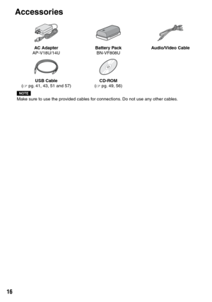 Page 16
1

Accessories
 
AC AdapterAP-V18U/14UBattery PackBN-VF808UAudio/Video Cable
USB Cable(Z pg.  41, 43, 51 and 57)CD-ROM(Z pg.  49, 56)
NOTEMake sure to use the provided cables for connections. Do not use any other cables. 