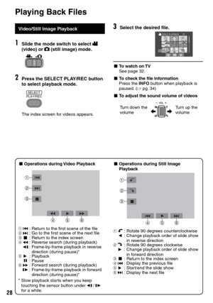 Page 28

Playing Back Files
Video/Still Image Playback
1Slide the mode switch to select ! (video) or # (still image) mode.
2Press the SELECT PLAY/REC button to select playback mode.
PLAY/RECSELECT
The index screen for videos appears.
3Select the desired file.
SD
L To watch on TVSee page 32.
L To check the file informationPress the INFO button when playback is paused. (Z  pg.  34)
L To adjust the sound volume of videos
Turn down the volumeTurn up the volume
L Operations during Video Playback
!N:Return...