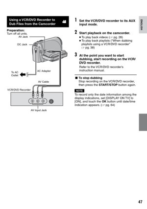 Page 47


ENGLISH
Using a VCR/DVD Recorder to Dub Files from the Camcorder!
Preparation:Turn off all units.
1Set the VCR/DVD recorder to its AUX input mode.
2Start playback on the camcorder.
• To play back videos (Z  pg.  28)• To play back playlists (“When dubbing playlists using a VCR/DVD recorder” Z  pg.  38)
3At the point you want to start dubbing, start recording on the VCR/DVD recorder.
Refer to the VCR/DVD recorder’s instruction manual.
L To stop dubbingStop recording on the VCR/DVD recorder,...