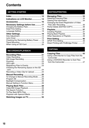 Page 10
10

Contents
GETTING STARTED
Index ......................................................12
Indications on LCD Monitor  .................14
Accessories  ..........................................16
Necessary Settings before Use  ...........17Charging the Battery Pack  ...........................17Date/Time Setting  ........................................18Language Setting  ........................................18
Other Settings  .......................................19Grip Adjustment...