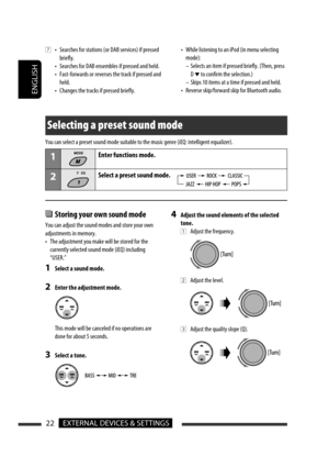 Page 108ENGLISH
22EXTERNAL DEVICES & SETTINGS
Selecting a preset sound mode
You can select a preset sound mode suitable to the music genre (iEQ: intelligent equalizer).
1Enter functions mode.
2Select a preset sound mode.
7  •  Searches for stations (or DAB services) if pressed 
briefly.
  •  Searches for DAB ensembles if pressed and held.
  •  Fast-forwards or reverses the track if pressed and 
held.
  •  Changes the tracks if pressed briefly.  •  While listening to an iPod (in menu selecting 
mode):
  –...