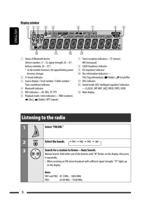 Page 132ENGLISH
6
Display window
1  Status of Bluetooth device
  (Device number, [1 – 5]; signal strength, [0 – 3]*; 
battery reminder, [0 – 3]*)
 * As the number increases, the signal/battery power 
becomes stronger.
2  Tr (track) indicator
3  Source display / Track number / Folder number / 
Time countdown indicator
4  Bluetooth indicator
5  RDS indicators—AF, REG, TP, PTY
6  Playback mode / item indicators— RND (random), 
 (disc),  (folder), RPT (repeat)
7  Tuner reception indicators—ST (stereo), 
MO...