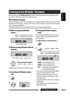 Page 15ENGLISH
15EXTERNAL DEVICES
  When receiving an HD Radio 
station...
  When receiving HD Radio multicast 
channels...
  Select your desired channel.
“LINKING” appears while linking to a multicast channel.
  Searching for HD Radio stations 
only
1 
2 
  Changing HD Radio reception 
mode
While receiving an HD Radio broadcast, the unit tunes 
to digital or analog audio automatically due to the 
receiving condition.
1  While listening to an HD Radio station...
2 
DIGITAL:  Tuning to digital audio only
ANALOG:...