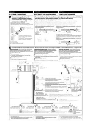 Page 1593
Use modified wiring 2 if the unit does not turn on.Если приемник не включается, используйте преобразованную схему соединений 2.Якщо пристрій не включається, скористуйтеся зміненою схемою з’єднання 
рознімань 2.
  ENGLISH
B
Before connecting: Check the wiring in the vehicle carefully. 
Incorrect connection may cause serious damage to this unit.
The leads of the power cord and those of the connector from the car 
body may be different in color.
1  Cut the ISO connector.
2  Connect the colored leads of...