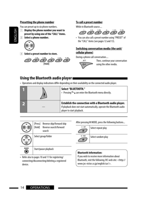 Page 174ENGLISH
14OPERATIONS
Using the Bluetooth audio player 
•  Operations and display indications differ depending on their availability on the connected audio player.
1Select “BLUETOOTH.”
•  Pressing  can enter the Bluetooth menu directly.
2—
Establish the connection with a Bluetooth audio player.
If playback does not start automatically, operate the Bluetooth audio 
player to start playback.
[Press]  Reverse skip/forward skip
[Hold]  Reverse search/forward 
search
Select group/folder
Start/pause playback
•...