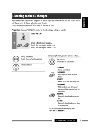 Page 175ENGLISH
15EXTERNAL DEVICES
[Press]  Select track
[Hold]  Reverse/fast-forward track
MP3: Select foldersAfter pressing M MODE, press the following buttons...
Skip 10 tracks
MP3: Within the same folder
TRACK RPT:
  Repeat current track
FOLDER RPT:
  MP3: Repeat all tracks of current 
folder
DISC RPT:
  Repeat all tracks of the current disc
FOLDER RND:
  MP3: Randomly play all tracks of 
the current folder, then tracks of the 
next folder
DISC RND:
  Randomly play all tracks of current 
disc
ALL RND:...