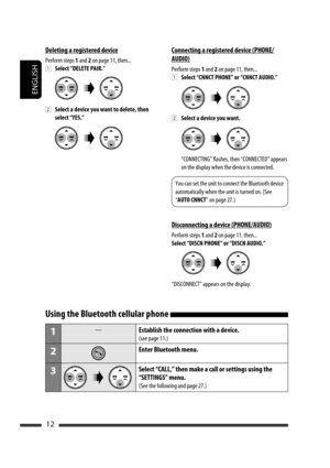 Page 56ENGLISH
12
Connecting a registered device (PHONE/
AUDIO)
Perform steps 1 and 2 on page 11, then...
1 Select “CNNCT PHONE” or “CNNCT AUDIO.”
2 Select a device you want.
  “CONNECTING” flashes, then “CONNECTED” appears 
on the display when the device is connected.
You can set the unit to connect the Bluetooth device 
automatically when the unit is turned on. (See 
“AUTO CNNCT” on page 27.)
Disconnecting a device (PHONE/AUDIO)
Perform steps 1 and 2 on page 11, then...
Select “DISCN PHONE” or “DISCN AUDIO.”...