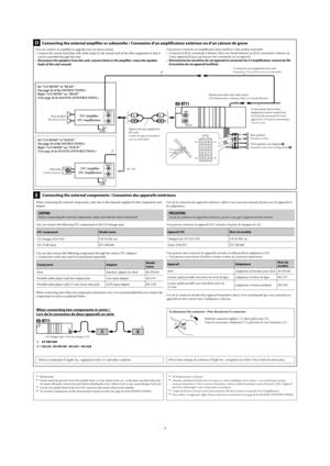 Page 844
Lors de la connexion des appareils extérieurs, référez-vous aussi aux manuels fournis avec les appareils et 
les adaptateurs.
PRECAUTION:  Avant de connecter les appareils extérieurs, assurez-vous que l’appareil est hors tension.
Vous pouvez connecter les appareils JVC suivants à la prise de changeur de CD.
Appareil JVC Nom du modèle
Changeur de CD (CD-CH) CH-X1500, etc.
Tuner DAB JVC KT-DB1000
Vous pouvez aussi connecter les appareils suivants en utilisant divers adaptateurs JVC.
•  Vous pouvez avoir...