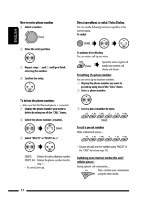 Page 100ENGLISH
14
How to enter phone number
1 Select a number.
2 Move the entry position.
3 Repeat steps 1 and 2 until you finish 
entering the number.
4 Confirm the entry.
To delete the phone numbers
•  Make sure that the Bluetooth phone is connected.
1 Display the phone number you want to 
delete by using one of the “CALL” items.
2 Select the phone number (or name).
3 Select “DELETE” or “DELETE ALL.”
  DELETE:  Deletes the selected phone number.
  DELETE ALL:  Deletes the phone number listed in 
step 
1.
  •...