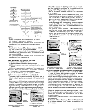 Page 13(No.YF100)1-13 NOTE1:
Norton SystemWorks 2005 (Latest version on 2005/ 7)
It is Symantecs data recovery software.
For system requirements and other details, please check their
web site.http://www.symantec.com/region/jp/products/
NOTE2:
Final Data 3.0 Premium Office  (Latest version on 2005/7)
It is AOS Technologies data recovery software. 
Although there are some kinds of recovery software as FINAL-
DATA series from this company, this is the cheapest one that
can recover MPEG2.
For system requirements...