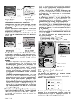 Page 141-14 (No.YF100)There is another type of Microdrive with red label.
These Microdrives have been shipped since April, 2005 and
they will be replacing the Microdrives (P/N: 13G1764) in the
previous page.
When 6GB Microdrive was developed, the data transfer speed
and the areal density were improved. The improvement was
also applied to 4 GB Microdrive.
For the convenience sake, define the Microdrive with P/N:
13G1764 as an old type and the Microdrive with P/N: 0A40243
as a new type.
These Microdrives...