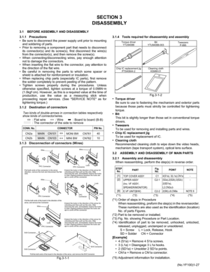 Page 27(No.YF100)1-27
SECTION 3
DISASSEMBLY
3.1 BEFORE ASSEMBLY AND DISASSEMBLY
3.1.1 Precautions
• Be sure to disconnect the power supply unit prior to mounting
and soldering of parts.
• Prior to removing a component part that needs to disconnect
its connector(s) and its screw(s), first disconnect the wire(s)
from the connector(s), and then remove the screw(s).
• When connecting/disconnecting wires, pay enough attention
not to damage the connectors.
• When inserting the flat wire to the connector, pay...