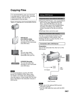 Page 27EN27
COPYING
   
 Copying Files
Types of Copying and Connectable Device
DVD Burner
(CU-VD3/CU-VD50)
You can copy video files 
recorded on this camcorder 
onto DVD discs. 
PC
You can copy video/
still image files on this 
camcorder onto your PC.  
VCR/DVD Recorder
You can dub video files 
recorded on this camcorder 
onto DVD discs. 
NOTEIt is recommended to use the JVC DVD 
burner (CU-VD50/CU-VD3). When using  
CU-VD20 or CU-VD40, the recording time 
may take approx. 2 times longer than the time 
that is...