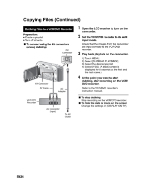 Page 34EN34
Dubbing Files to a VCR/DVD Recorder
Preparation:  Create a playlist. Turn off all units.
- To connect using the AV connectors 
(analog dubbing)
1Open the LCD monitor to turn on the 
camcorder.
2Set the VCR/DVD recorder to its AUX 
input mode.
Check that the images from the camcorder
are input correctly to the VCR/DVD 
recorder.
3Play back playlists on the camcorder.
1) Touch MENU.
2) Select [DUBBING PLAYBACK].
3) Select the desired playlist.
4) Select [YES]. (A black screen is 
displayed for 5...