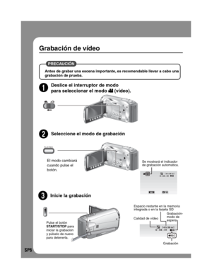 Page 50SP6
Grabación de vídeo
 PRECAUCIÓN 
Antes de grabar una escena importante, es recomendable llevar a cabo una 
grabación de prueba.
2
Deslice el interruptor de modo
para seleccionar el modo  (vídeo).
3Seleccione el modo de grabación
4Inicie la grabación
El modo cambiará 
cuando pulse el 
botón.
0 : 04 : 014 h 59 m[]
M
Se mostrará el indicador 
de grabación automática.
4 h 59 m0 : 04 : 01[ ]
REC
Espacio restante en la memoria 
integrada o en la tarjeta SD
Calidad de vídeoGrabación-
modo de 
espera...