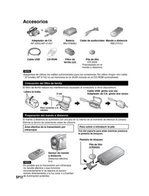 Page 56SP12
   
Accesorios
Adaptador de CA
AP-V20U/AP-V14U*Batería
BN-VF808UCable de audio/vídeo Mando a distancia
RM-V751U
Cable USB CD-ROM Filtro de 
ferrita (x2)Pila de litio 
CR-2025
Preinstalada en el 
mando a distancia.
NOTAAsegúrese de utilizar los cables suministrados para las conexiones. No utilice ningún otro cable.
* El modelo AP-V14U no se menciona en la GUÍA incluida en el CD-ROM suministrado.
Colocación del filtro de ferrita
El filtro de ferrita reduce las interferencias causadas al conectarlo a...