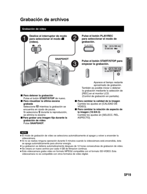 Page 63SP19
PREPARATIVOS
GRABACIÓN/
REPRODUCCIÓN
USING WITH TV
EDICIÓN
COPIA
FUNCIONAMIENTO
DE PC
  Grabación de archivos
 
 
Grabación de vídeo
Pulse el botón PLAY/REC 
para seleccionar el modo de 
grabación.
PLAY/REC
Pulse el botón START/STOP para 
empezar la grabación.
[4 h 59 m]
0:00:01 REC
Aparece el tiempo restante 
aproximado de grabación.
También es posible iniciar o detener 
la grabación mediante la selección de 
[REC] en el monitor LCD. 
(Control de grabación en pantalla).
- Para detener la grabación...