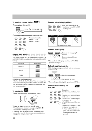 Page 1511
To tune in to a preset station
1
Select a band (FM or AM).
2Select a preset number for the station you store.
Playing Back a Disc
This System can play back the following discs—regular CD 
and CD-R/CD-RW (recorded either in the audio CD or MP3 
format).
•Caution for DualDisc playback
The Non-DVD side of a “DualDisc” does not comply with 
the “Compact Disc Digital Audio” standard. Therefore, the 
use of Non-DVD side of a DualDisc on this product may 
not be recommended.
To insert a disc
You can insert...