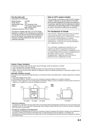 Page 3 
G-2 
For the main unit: 
Declaration of Conformity
Model Number: UX-G50
Trade Name: JVC
Responsible Party: JVC Americas Corp.
Address: 1700 Valley Road, Wayne
New Jersey 07470
Telephone Number: 973-317-5000
This device complies with Part 15 of FCC Rules. 
Operation is subject to the following two conditions: 
(1) This device may not cause harmful interference, 
and (2) this device must accept any interference 
received, including interference that may cause 
undesired operation. 
Note to CATV system...