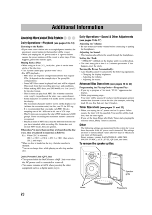Page 2723
Additional Information
Learning More about This System
Daily Operations—Playback (see pages 9 to 14)
Listening to the Radio:
•If you store a new station into an occupied preset number, the 
previously stored station in that number will be erased.
•When you unplug the AC power cord or if a power failure 
occurs, the preset stations will be erased in a few days. If this 
happens, preset the stations again.
Playing Back a Disc:
•When using an 8 cm (3-3/16 inch) disc, place it on the inner 
circle of the...
