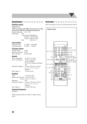 Page 2925
Specifications
Amplifier section
Output Power:
120 W per channel, min. RMS, driven into 6 Ω at 1 kHz 
with no more than 10% total harmonic distortion.
Speakers Impedance: 6 Ω – 16 Ω
Audio Input AUX
Input sensitivity/Impedance:
LEVEL1: 150 mV/47 kΩ
LEVEL2: 500 mV/47 kΩ
USB: USB Ver. 1.1
Tuner section
FM tuning range: 87.5 MHz – 108.0 MHz
AM tuning range: 530 kHz – 1 710 kHz
CD player section
Dynamic range: 85 dB
Signal-to-noise ratio: 85 dB
Wow and flutter:  Immeasurable
General
Power requirement: AC...