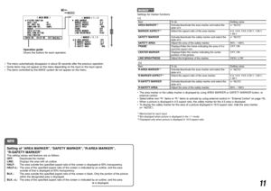 Page 1111
Operation guide
Shows the buttons for each operation.
  The menu automatically disappears in about 30 seconds after the previous operation.
  Some items may not appear on the menu depending on the input or the input signal.
  The items controlled by the MAKE system do not appear on the menu.
Setting of “AREA MARKER”, “SAFETY MARKER”, “R-AREA MARKER”, 
“R-SAFETY MARKER”
The setting values and features are as follows.
OFF: Deactivate the marker.
LINE: Displays the area with an outline.
HALF: The area...