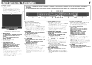 Page 66Daily Operations / Connections 
7 Front panel
p SAFETY MARKER button/lamp
Displays/hides the safety marker.
  Adjust the area of the safety marker in “MARKER” 
of the MAIN MENU (☞ page 11).
  This function does not work when displaying the 
picture in the 1:1 mode.
  This function does not work when “SAFETY 
MARKER” or “R-SAFETY MARKER” is set to 
“OFF” in “MARKER.”
q SCREENS CHECK button/lamp
Displays only the selected element (R, G, or B) of 
the video signal.
  Each time you press this button,...