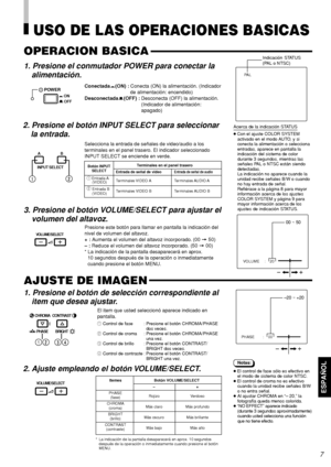 Page 73ESPAÑOL
Notas:
● El control de fase sólo es efectivo en
el modo de sistema de color NTSC.
● El control de croma no es efectivo
cuando la unidad recibe señales B/W
o no entra señal.
●Al ajustar CHROMA en “– 20,” la
fotografía queda menos colorida.
● “NO EFFECT” aparece indicado
(durante 3 segundos aproximadamente)
cuando usted selecciona una función
que no tiene efecto.
PA L
Itemes Botón VOLUME/SELECT
–+
PHASE
Rojizo Verdoso
(fase)
CHROMA
Más claro Más profundo
(croma)
BRIGHT
Más oscuro Más brillante...