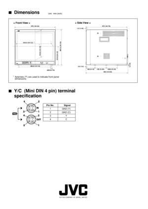 Page 187Dimensions
< Front View >< Side View >
* Asterisks (*) are used to indicate front panel
dimensions.
Unit : mm (inch)
7Y/C  (Mini DIN 4 pin) terminal
specification
  Pin No.                Signal
1 GND (Y)
2 GND (C)
3Y
4C
476 (18-3/4)
492 (19-3/8)
479 (18-7/8)
416.4 (16-1/2)
382.8 (15-1/8)
20 (   7/8)
314.8 (12-1/2)
407.5 (16-1/8) 213.5 (8-1/2)
*
*
PHASE BRIGHTMENUCHROMA CONTRASTVOLUME/SELECT
INPUT SELECT AB
POWERON
OFF
 105 (4-1/4)  135 (5-3/8) 1.5 (1/16)
3.5 (1/4)
128.5 (5-1/8) 3 (1/8)
VICTOR COMPANY...