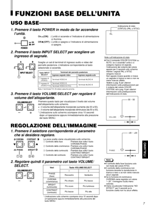 Page 57ITALIANO
Ingresso B(VIDEO Y/C)
Note:
● Il controllo della fase funziona solo
nel modo del colore NTSC.
● Il controllo della crominanza non
funziona durante la riproduzione in
bianco e nero o se non viene ricevuto
alcun segnale .
● Se la funzione di crominanza
CHROMA viene regolata sul valore
“– 20”, l’immagine risulta meno
colorata.
● Viene visualizzata l’indicazione “NO
EFFECT” per 3 secondi se la
funzione scelta non ha alcun effetto.
PA L
Voci Tasto VOLUME/SELECT
–+
PHASE
Rossastro Verdastro
(fase)...